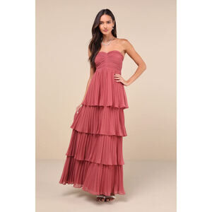 Lulus Seriously Sensational Rusty Rose Strapless Tiered Maxi Dress Pink Unworn